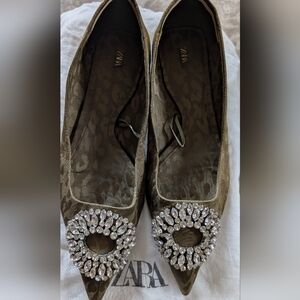 ZARA Khaki Pointed Flats with Crystal Embellishments at Toe